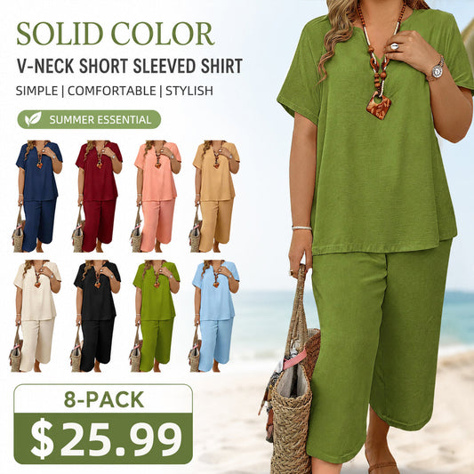 Women's Solid Short Sleeve Top & Loose Wide Leg Pants 2-Piece Set